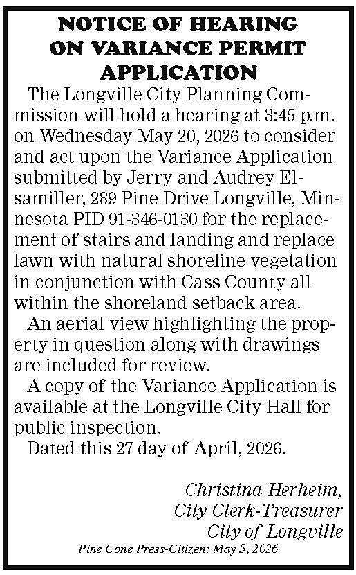 Featured image for article: City of Longville public hearing 5-5-26