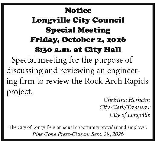 Featured image for article: City of Longville spec mtg 9-29-26